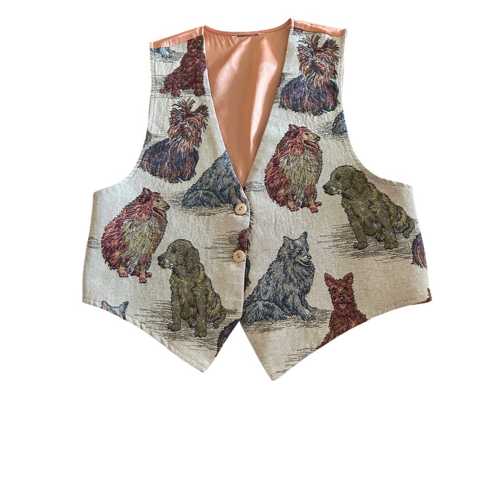 Vintage Dog Breed Tapestry Vest Woven Animal Print Waistcoat‎ Tan Brown Medium